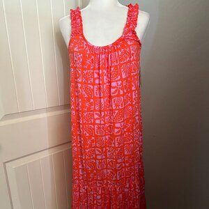 Women's Cuddl Duds Tank Dress or Nightgown Tiered Skirt Coral Pink Print Small